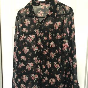 Sheer long sleeve button down floral shirt